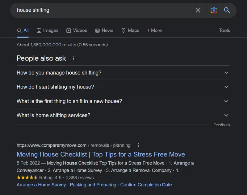 A search for 'House shifting' on Google in 2022 references 'moving house'