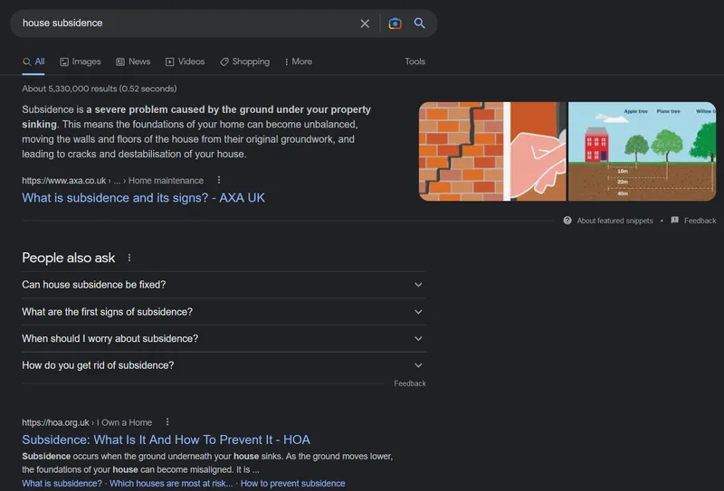 Google results for a search on 'house subsidence' - that's better