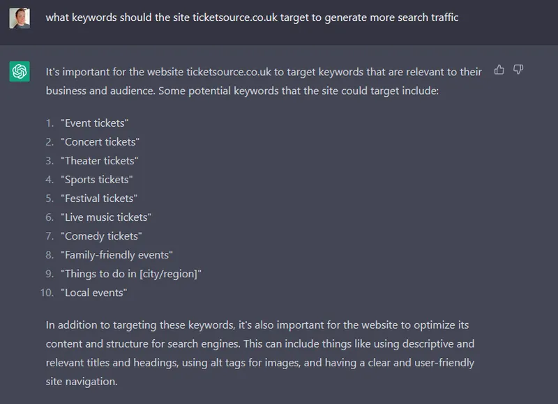 ChatGPT's keyword suggestions for TicketSource.co.uk